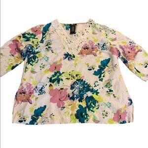 Premise Floral Linen Tunic Top 3/4 Sleeve XL